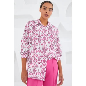 Kadın Fuşya Beyaz Desenli Oversize Saten Gömlek 3985