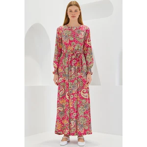 Kadın Pembe Çiçek Desenli Örme Tesettür Elbise 1525