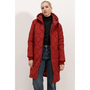 5138 Kapitone Uzun Şişme Mont - Bordo