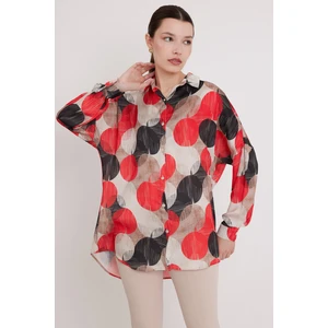 Kadın Kırmızı Siyah Desenli Oversize Saten Gömlek 3985