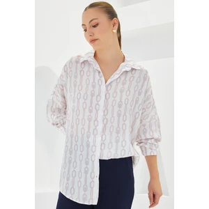 Kadın Pudra Beyaz Desenli Oversize Saten Gömlek 3985