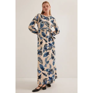 Kadın Mavi Krem Desenli Örme Tesettür Elbise 1525