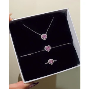 DMR Accessoire Çelik Ayarlanabilir Pembe Kalp Kolye Bileklik Yüzük Seti Aşk Seti