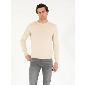 Erkek Bej Slim Fit Pamuk Karışımlı Bisiklet Yaka Basic Triko Kazak 50257379-VR011
