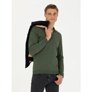 Erkek Haki Slim Fit Polo Yaka Basic Triko Kazak 50270169-VR027