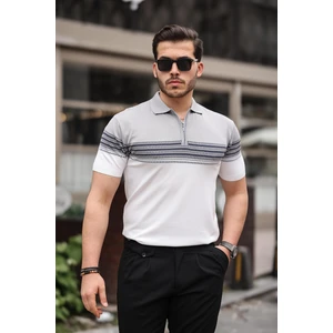 Gri Beyaz Fermuarlı Triko Polo Yaka Tişört