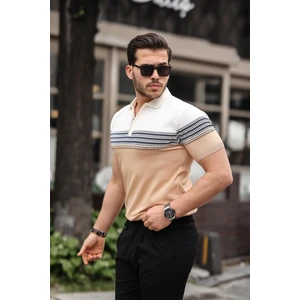 Ekru Kamel Fermuarlı Triko Polo Yaka Tişört