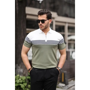 Haki Beyaz Fermuarlı Triko Polo Yaka Tişört