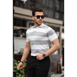 Gri Beyaz Triko Blok Parçalı Polo Yaka Tişört