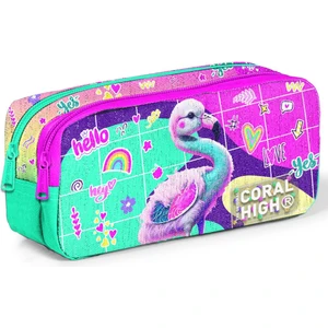 Coral High Kids Pembe Su Yeşili Flamingo Desenli Iki Bölmeli Kalem Çantası 12080