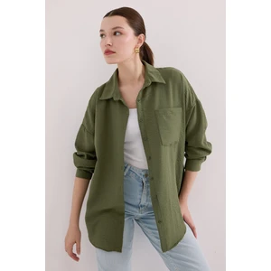 20153 Tek Cepli Oversize Keten Gömlek - Haki