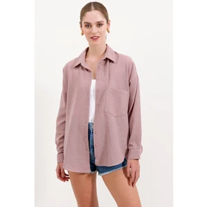 20153 Tek Cepli Oversize Keten Gömlek - Gül Kurusu