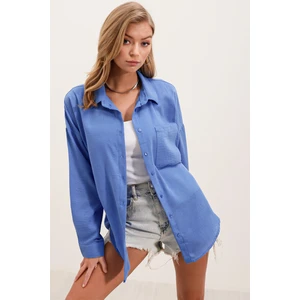 20153 Tek Cepli Oversize Keten Gömlek - Saks