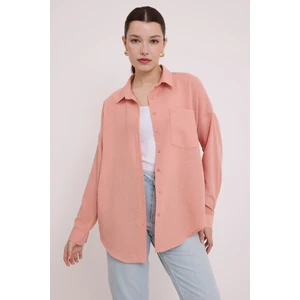 20153 Tek Cepli Oversize Keten Gömlek - Somon