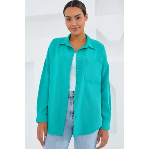 20153 Tek Cepli Oversize Keten Gömlek - Turkuaz