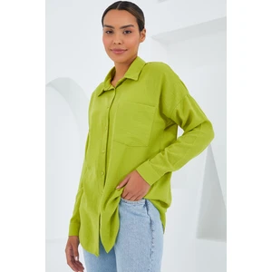 20153 Tek Cepli Oversize Keten Gömlek - Yağ Yeşil
