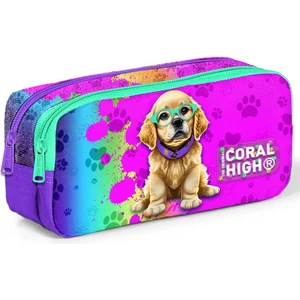 Coral High Mor Pembe Köpek Desenli İki Bölmeli Kalem Çantası 12082