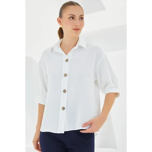 Kadın Beyaz Kısa Kol Oversize Keten Gömlek 20240