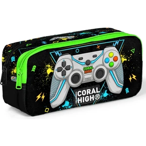 Coral High Siyah Fosforlu Yeşil Gamer Desenli İki Bölmeli Kalem Çantası 12087