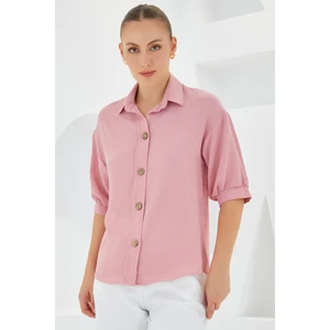 Kadın Pembe Kısa Kol Oversize Keten Gömlek 20240