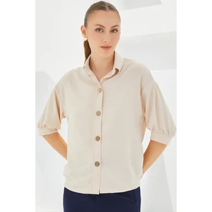 Kadın Krem Kısa Kol Oversize Keten Gömlek 20240