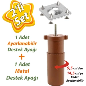 Destek Ayağı 9,5-14,5 cm Kahverengi ve Metal Düz Ayak Tabanı M8 Civatalı Ince Diş Mobilya Kanepe Baza Koltuk Seti