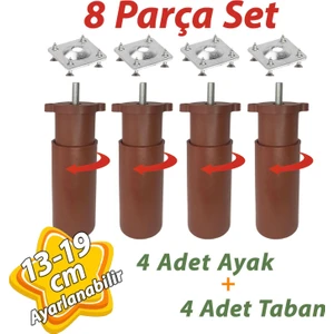 4 Adet Destek Ayağı 13-19 cm Kahverengi ve 4 Adet Metal Düz Ayak Tabanı M8 Civatalı Ince Diş Mobilya Kanepe Baza Koltuk Seti