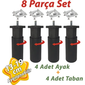 4 Adet Destek Ayağı 13-19 cm Siyah ve 4 Adet Metal Düz Ayak Tabanı M8 Civatalı Ince Diş Mobilya Kanepe Baza Koltuk Seti