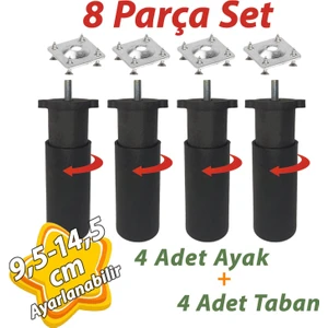 4 Adet Destek Ayağı 9,5-14,5 cm Siyah ve 4 Adet Metal Düz Ayak Tabanı M8 Civatalı Ince Diş Mobilya Kanepe Baza Koltuk Seti