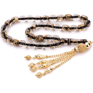 Özel Dizayn Püsküllü Siyah Altın Varaklı Toz Kehribar Tesbih