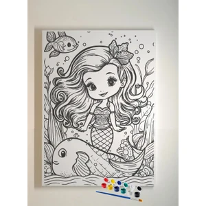 Dudu Ahşap 25 x 35 cm Resimli Tuval Çocuk Boyama Seti Deniz Kızı Resimli 6 Renk Akrilik Boya ve 2 Fırça Adet Fırça