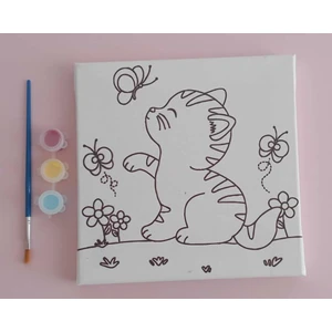 Dudu Ahşap 20 x 20 cm Resimli Tuval Çocuk Boyama Seti Kedi 2 Resimli 3 Boya 1 Fırça
