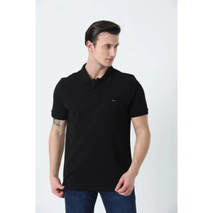 Erkek Polo Yaka Logo Nakışlı Pike Dokulu T-Shırt Siyah