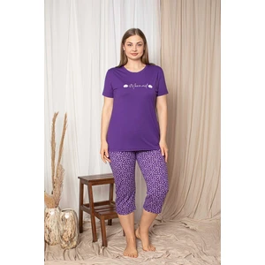 Kadın Yuvarlak Yaka Düğmesiz Viskon Geniş Battal Büyük Beden Cepli Kapri Pijama Takımı