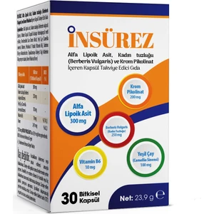 Insürez Alfa Lipoik Asit, Kadın Tuzluğu (Berberis Vulgaris) ve Krom Pikolinat , Yeşil Çay, Vitamin B6 Içeren Takviye Edici Gıda 30 Bitkisel Kapsül