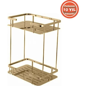 Çelik Banyo Paslanmaz Pirinç Lidya 2'li 15X22CM Şampuanlık Köşe Süngerlik -Altın Gold