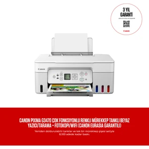 PIXMA G3470 Çok Fonksiyonlu Renkli Mürekkep Tanklı Beyaz Yazıcı/Tarama + Fotokopi/Wifi (Canon Eurasia Garantili)