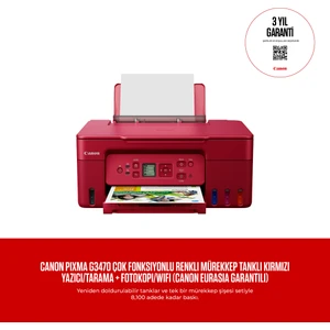 PIXMA G3470 Çok Fonksiyonlu Renkli Mürekkep Tanklı Kırmızı Yazıcı/Tarama + Fotokopi/Wifi (Canon Eurasia Garantili)
