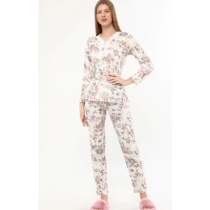 Kadın Ekru Çiçekli Pijama Takımı Bambu Uzunkollu Uzun Pantolon 5783