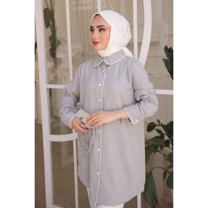 Gri Ön Yaka Detaylı Keten Gömlek