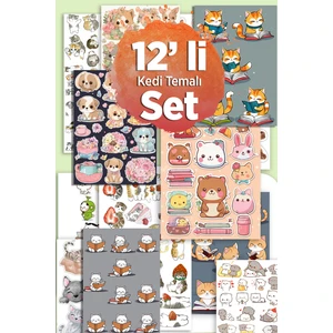 Sevimli Kedi Temalı 12'li Sticker Planner Ajanda Bullet Journal Için Uygun Set