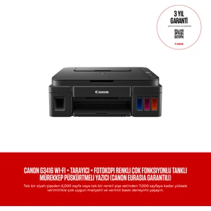 G3416 Wi-Fi + Tarayıcı + Fotokopi Renkli Çok Fonksiyonlu Tanklı Mürekkep Püskürtmeli Yazıcı (Canon Eurasia Garantili)