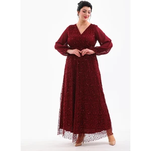 Işıltı Abiye Abiye Payet Kruvaze Yaka Şifon Kol Uzun  Büyük Beden   Abiye Elbise 3080