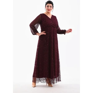 Işıltı Abiye Abiye Payet Kruvaze Yaka Şifon Kol Uzun  Büyük Beden   Abiye Elbise 3080