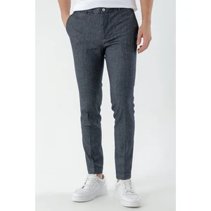 Erkek Lacivert Poliviskon-Keten Desenli Yandan Lastikli Slim Fit Pantolon