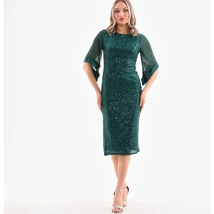 Zy Plus Büyük Beden Yeşil Truvakar Kol Pul Payet Abiye Elbise