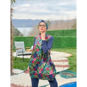 Camelya Fashion Fashion fashion Çiçek Desenli Tam Kapalı Tesettür Mayo Çantalı Tk