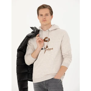 Erkek Bej Melanj Regular Fit Pamuk Karışımlı Kapüşonlu Sweatshirt 50272475-VR156