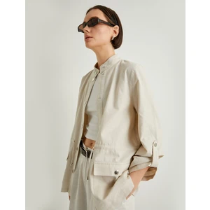 Mevsimlik Ceket Keten Karışımlı Dik Yaka Çıtçıt Kapama Katlamalı Kollu