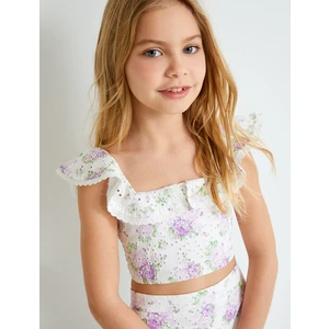 Crop Bluz Fistolu Çiçek Desenli Fırfırlı